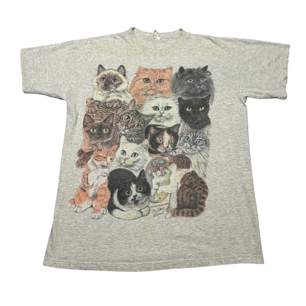 Vintage 90s Cat Art Short Sleeve T Shirt Men's One Size Made in USA Animal